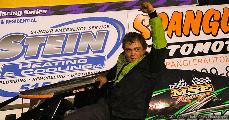 Christopher Elliott celebrates after winning the Stein Heating & Cooling USRA B-Mod main event on Saturday, July 21, 2018, at the Hamilton County Speedway driven by Spangler Automotive.